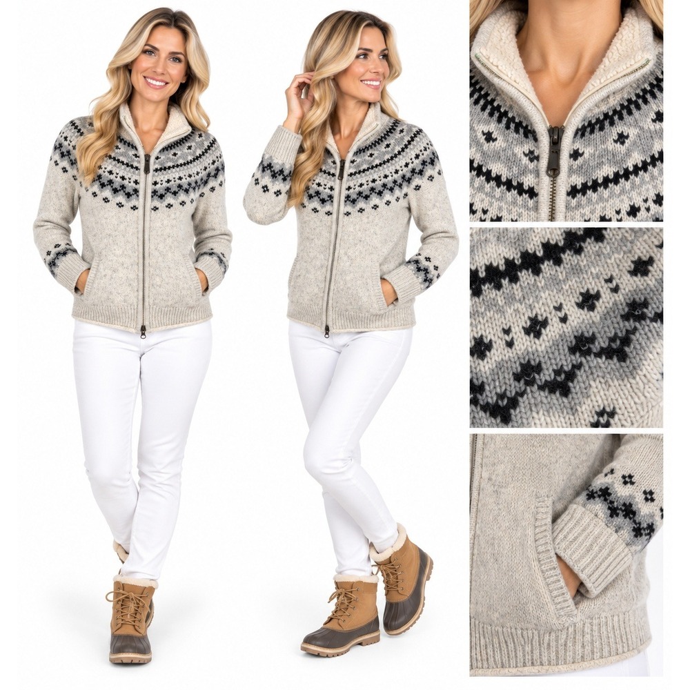 LL Bean Cardigan S Wool Fair Isle Sherpa Lined Full Zip Nordic Gorpcore